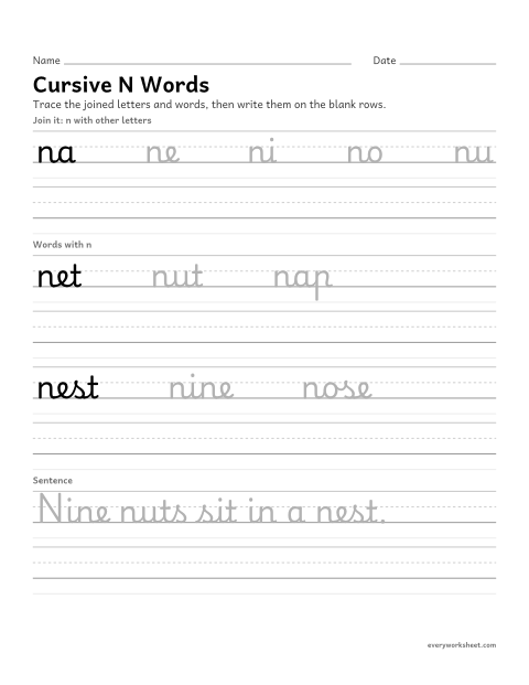 Preview of the printable “Cursive N words” worksheet: joining cursive n in words
