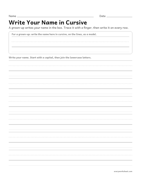 Preview of the printable “Write your name in cursive” worksheet: writing your name in cursive