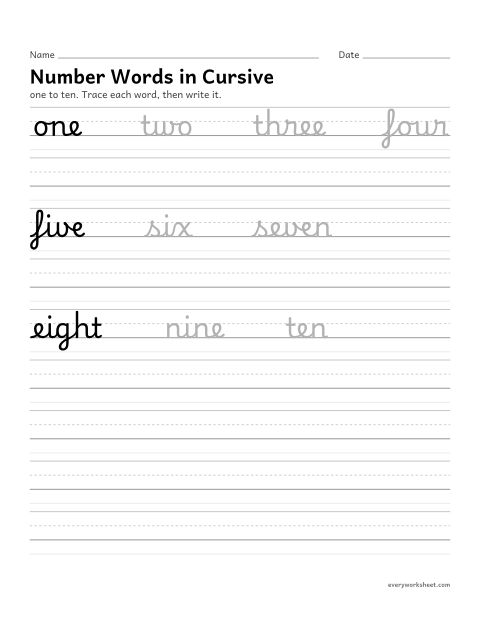 Preview of the printable “Number words in Cursive: one to twenty (2 Pages)” worksheet: writing number words in cursive