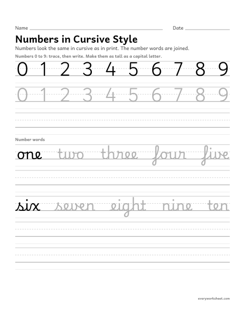 Preview of the printable “Cursive numbers 0 to 9 and number words” worksheet: writing numbers and number words in cursive