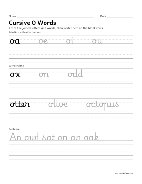 Preview of the printable “Cursive O words” worksheet: joining cursive o in words