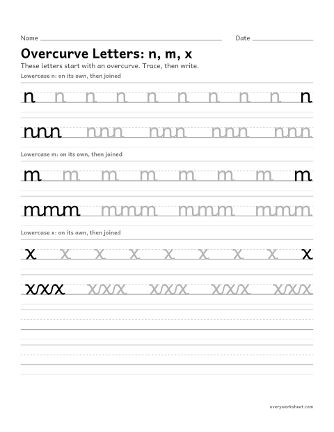 Preview of the printable “Cursive overcurve letters n, m, x” worksheet: forming cursive overcurve letters
