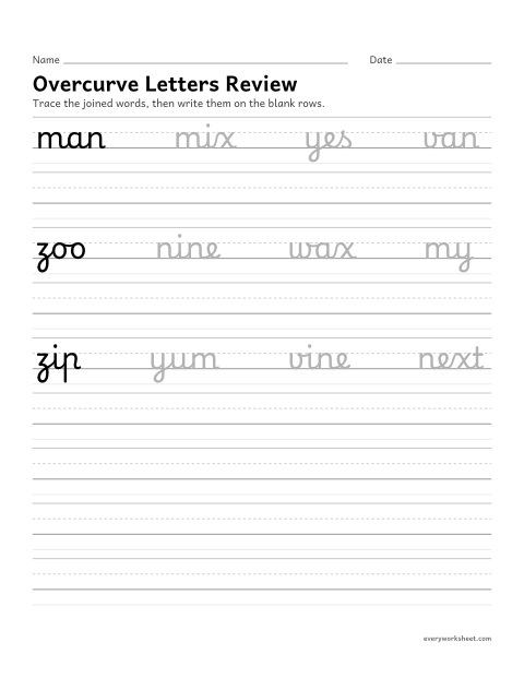 Preview of the printable “Cursive overcurve letters Review: words” worksheet: joining cursive overcurve letters in words