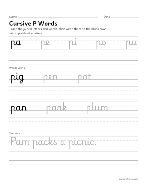 Preview of the printable “Cursive P words” worksheet: joining cursive p in words