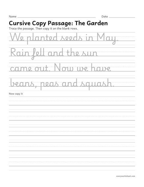 Preview of the printable “Cursive copy Passage: the garden” worksheet: copying a passage in cursive