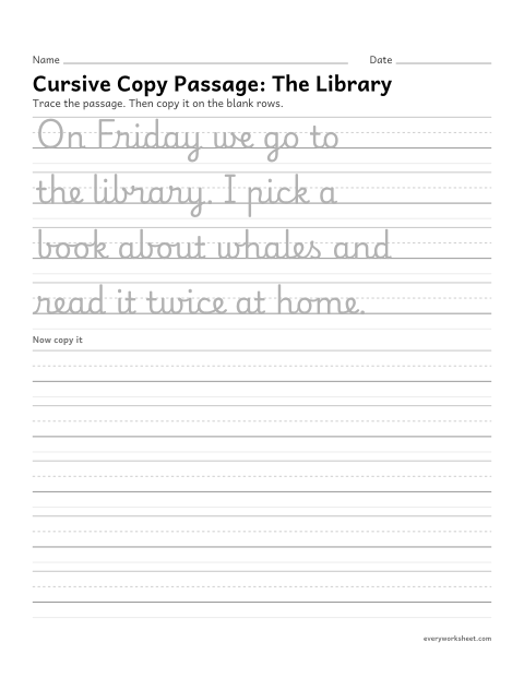 Preview of the printable “Cursive copy Passage: the library” worksheet: copying a passage in cursive
