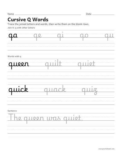 Preview of the printable “Cursive Q words” worksheet: joining cursive q in words