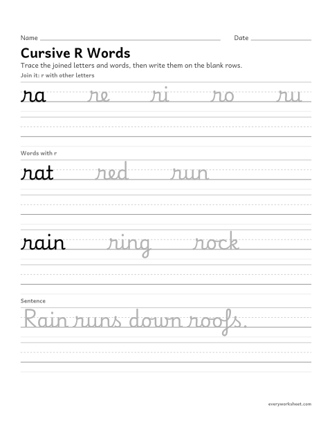 Preview of the printable “Cursive R words” worksheet: joining cursive r in words