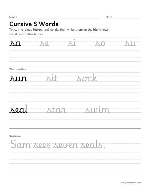 Preview of the printable “Cursive S words” worksheet: joining cursive s in words