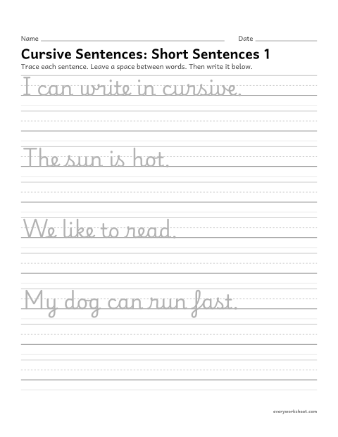 Preview of the printable “Cursive Sentences: short sentences 1” worksheet: writing sentences in cursive
