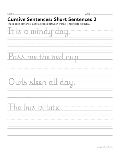 Preview of the printable “Cursive Sentences: short sentences 2” worksheet: writing sentences in cursive