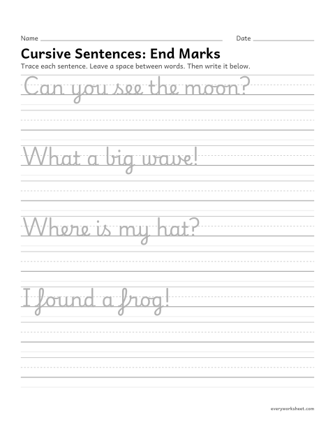 Preview of the printable “Cursive Sentences: end marks” worksheet: writing sentences in cursive