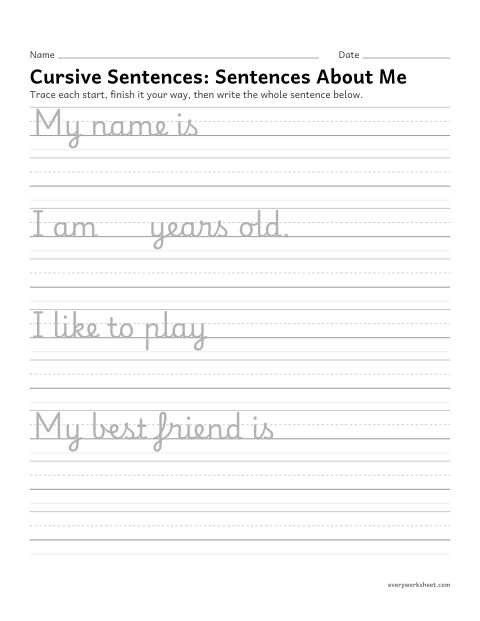 Preview of the printable “Cursive Sentences: sentences about me” worksheet: writing sentences in cursive