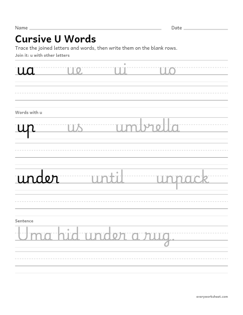 Preview of the printable “Cursive U words” worksheet: joining cursive u in words