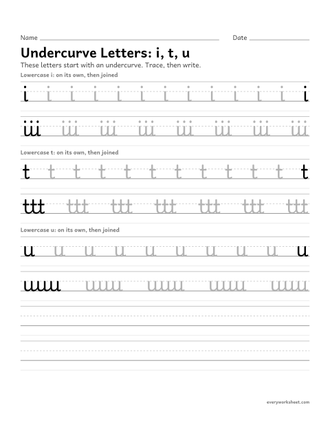 Preview of the printable “Cursive undercurve letters i, t, u” worksheet: forming cursive undercurve letters