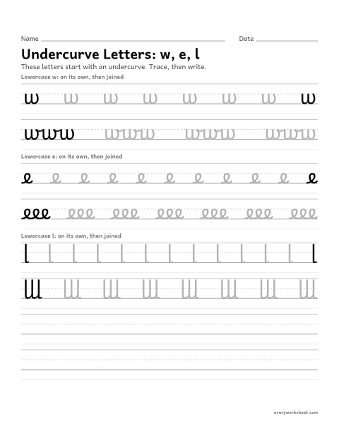 Preview of the printable “Cursive undercurve letters w, e, l” worksheet: forming cursive undercurve letters