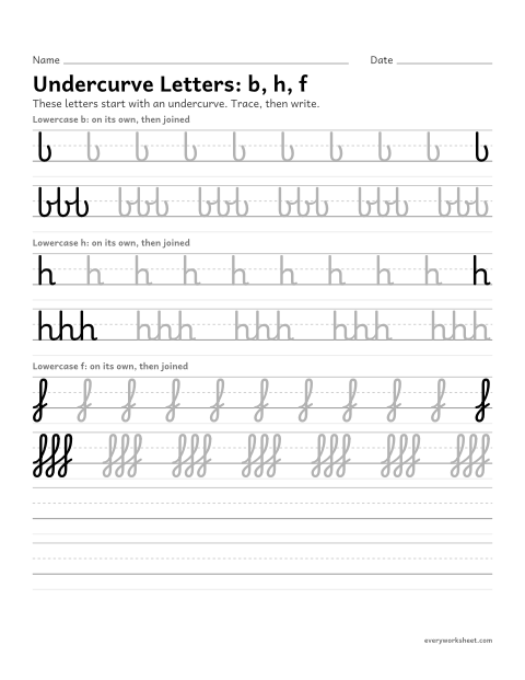 Preview of the printable “Cursive undercurve letters b, h, f” worksheet: forming cursive undercurve letters
