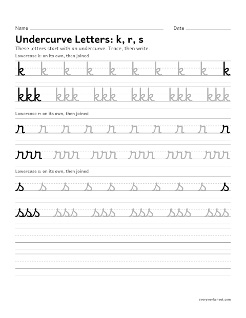 Preview of the printable “Cursive undercurve letters k, r, s” worksheet: forming cursive undercurve letters