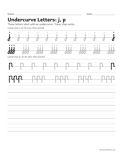 Preview of the printable “Cursive undercurve letters j, p” worksheet: forming cursive undercurve letters