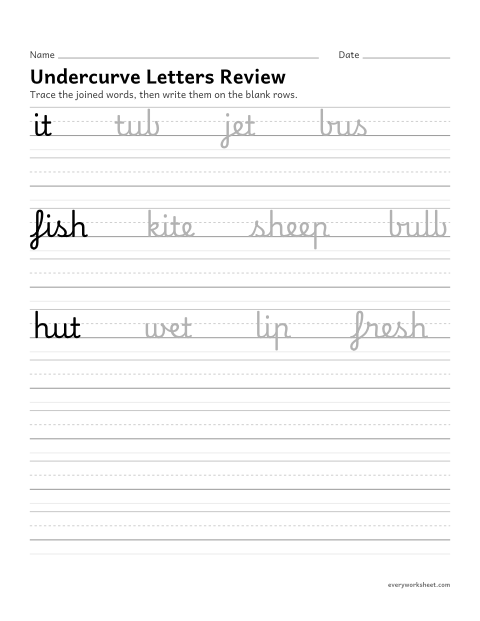 Preview of the printable “Cursive undercurve letters Review: words” worksheet: joining cursive undercurve letters in words