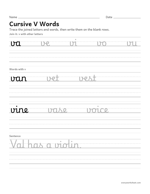 Preview of the printable “Cursive V words” worksheet: joining cursive v in words