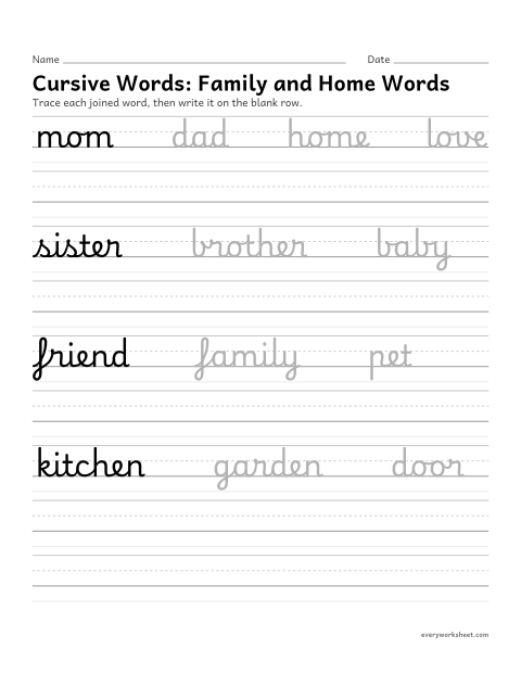 Preview of the printable “Cursive Words: family and home words” worksheet: writing words in cursive