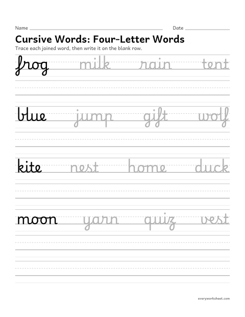 Preview of the printable “Cursive Words: Four-Letter words” worksheet: writing words in cursive