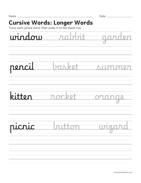 Preview of the printable “Cursive Words: longer words” worksheet: writing words in cursive