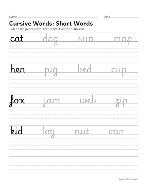 Preview of the printable “Cursive Words: short words” worksheet: writing words in cursive