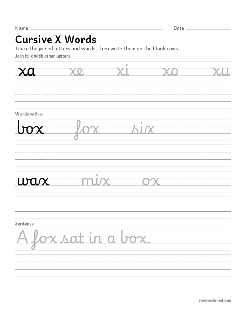 Preview of the printable “Cursive X words” worksheet: joining cursive x in words