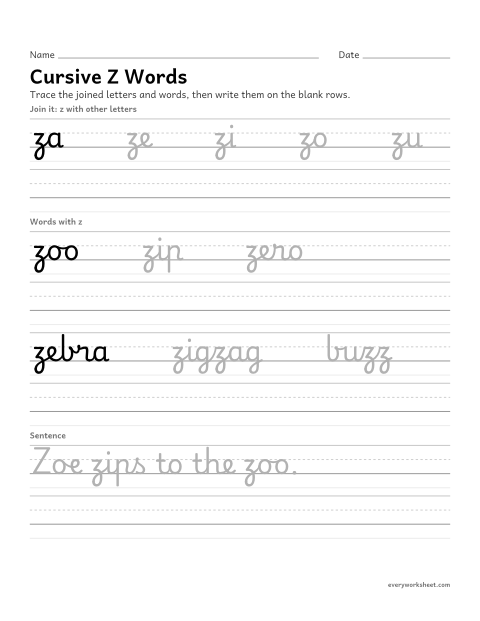 Preview of the printable “Cursive Z words” worksheet: joining cursive z in words