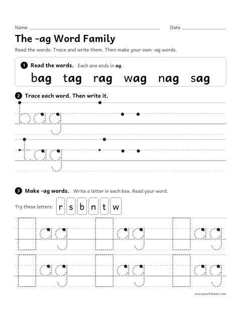 Preview of the printable “The -ag word family” worksheet: reading and writing -ag words