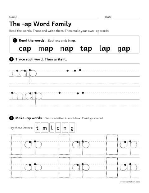 Preview of the printable “The -ap word family” worksheet: reading and writing -ap words