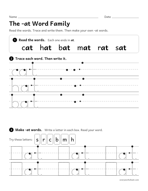 Preview of the printable “The -at word family” worksheet: reading and writing -at words