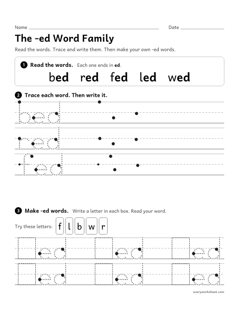 Preview of the printable “The -ed word family” worksheet: reading and writing -ed words