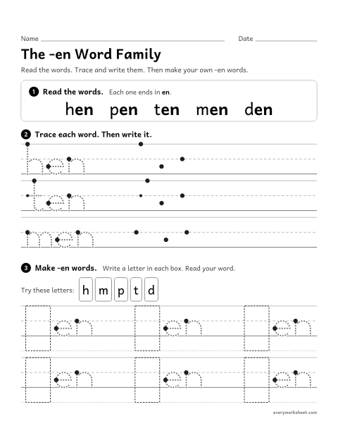 Preview of the printable “The -en word family” worksheet: reading and writing -en words