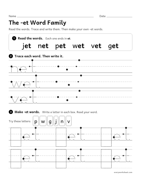 Preview of the printable “The -et word family” worksheet: reading and writing -et words