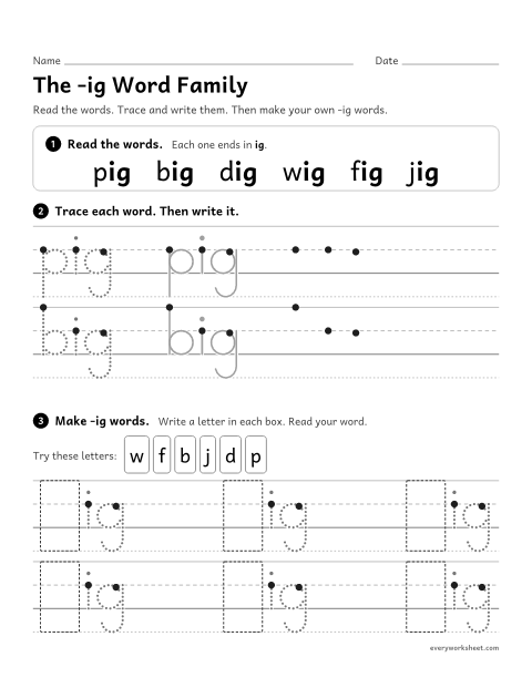Preview of the printable “The -ig word family” worksheet: reading and writing -ig words