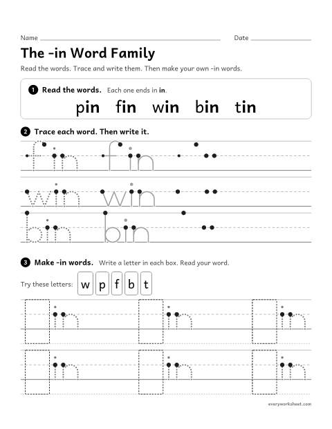 Preview of the printable “The -in word family” worksheet: reading and writing -in words