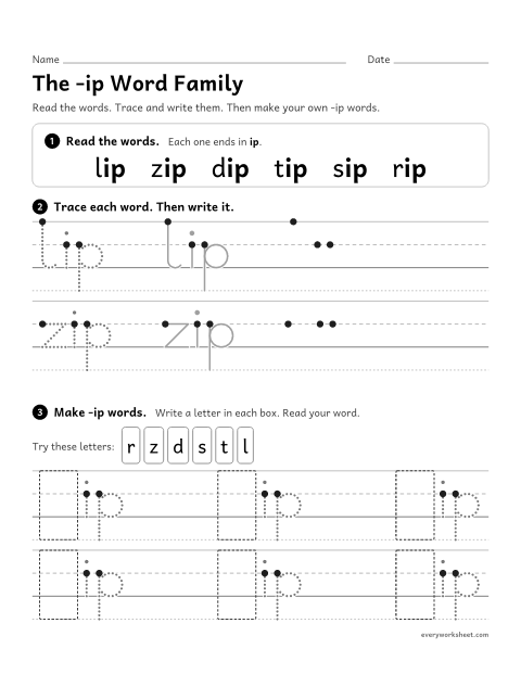 Preview of the printable “The -ip word family” worksheet: reading and writing -ip words