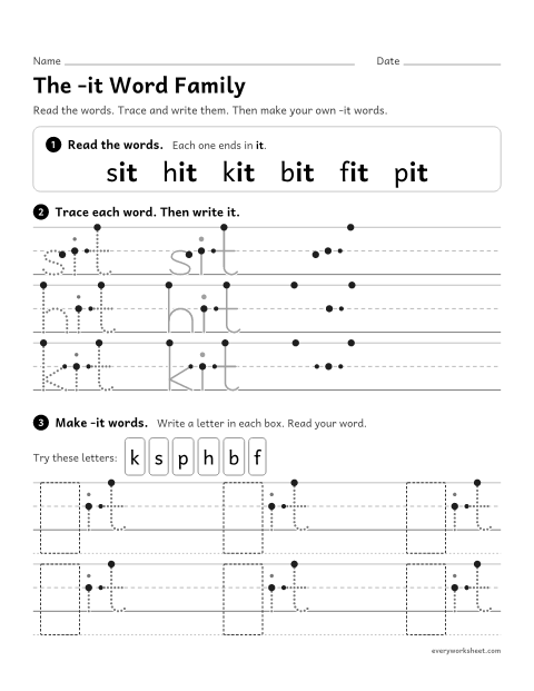 Preview of the printable “The -it word family” worksheet: reading and writing -it words