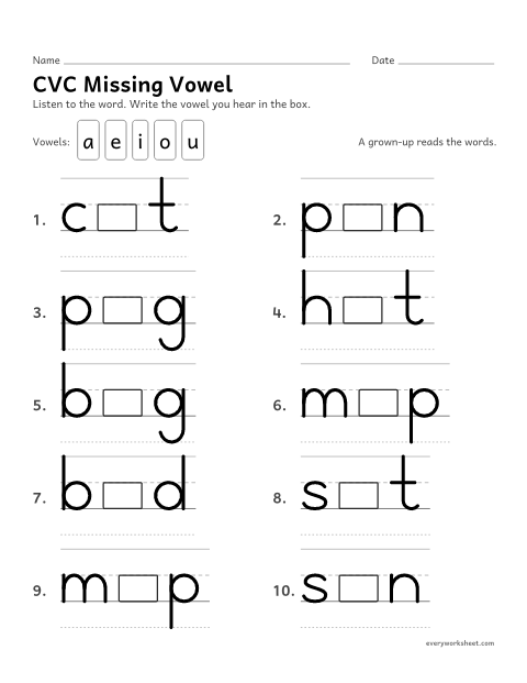 Preview of the printable “CVC missing vowel” worksheet: hearing and writing the short vowel in CVC words