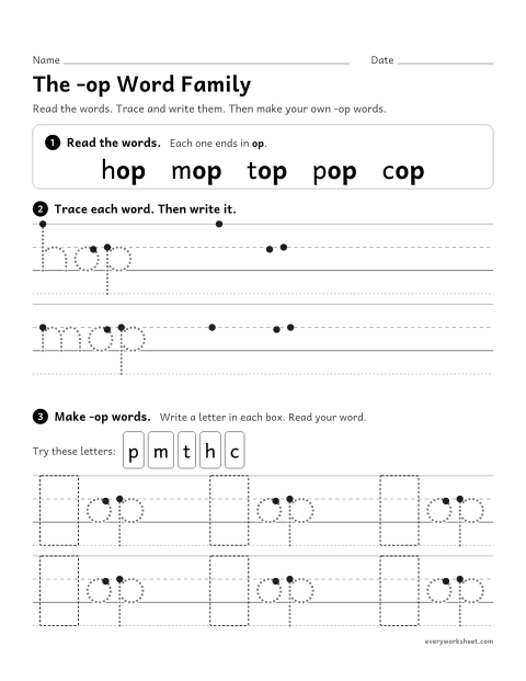 Preview of the printable “The -op word family” worksheet: reading and writing -op words