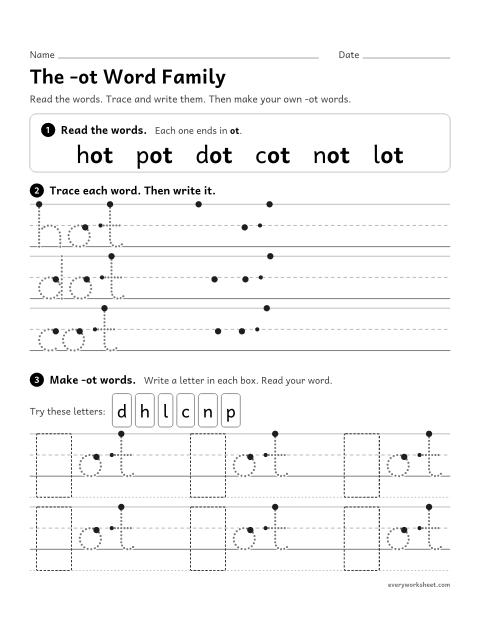 Preview of the printable “The -ot word family” worksheet: reading and writing -ot words