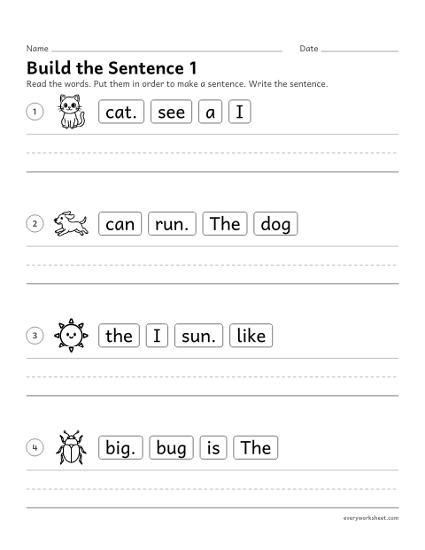 Preview of the printable “CVC Sentences: build the sentence 1” worksheet: putting words in order to build a CVC sentence, then writing it