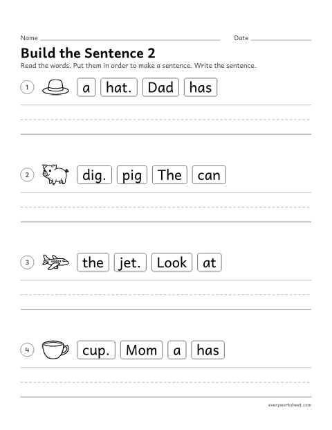Preview of the printable “CVC Sentences: build the sentence 2” worksheet: putting words in order to build a CVC sentence, then writing it