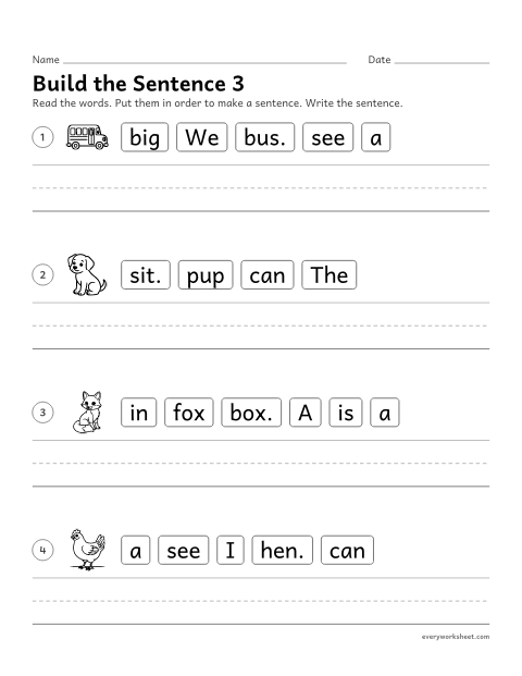 Preview of the printable “CVC Sentences: build the sentence 3” worksheet: putting words in order to build a CVC sentence, then writing it