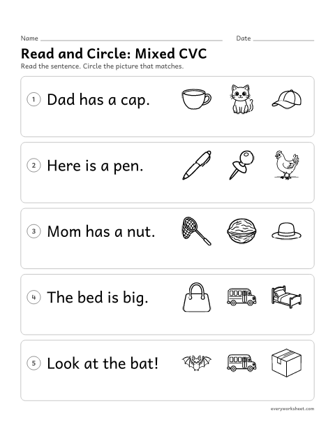 Preview of the printable “CVC Sentences: read and circle (Mixed CVC)” worksheet: reading mixed cvc sentences and circling the matching picture
