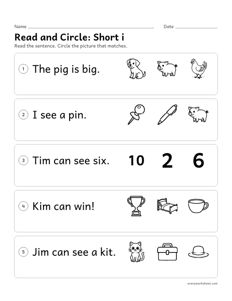 Preview of the printable “CVC Sentences: read and circle (Short i)” worksheet: reading short i sentences and circling the matching picture