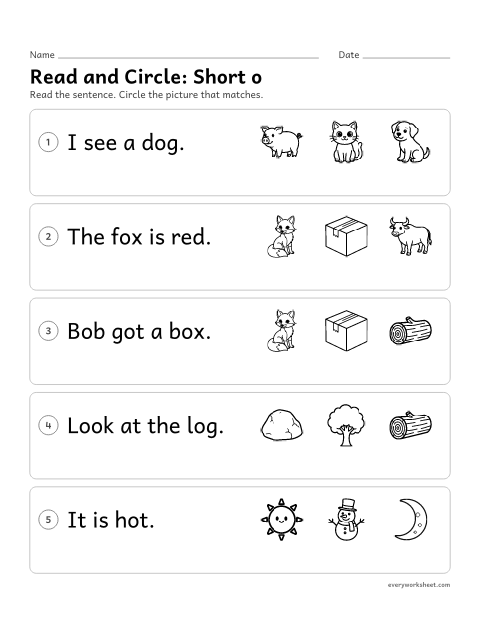 Preview of the printable “CVC Sentences: read and circle (Short o)” worksheet: reading short o sentences and circling the matching picture
